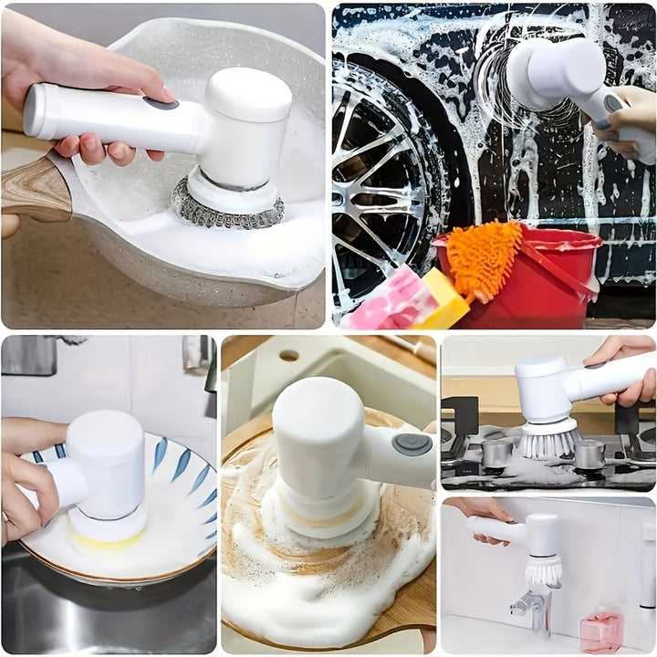 Rechargeable Electric Cleaning Brush Set with 5 Heads - Versatile Multi-Functional Handheld Scrubber with USB Charging, Medium Firmness, for Bathroom, Kitchen, Bedroom, Living Room, Toilet - Home Cleaning Tool Kit with Grip Handle
