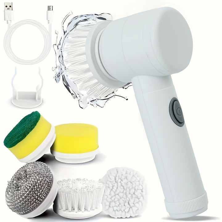Rechargeable Electric Cleaning Brush Set with 5 Heads - Versatile Multi-Functional Handheld Scrubber with USB Charging, Medium Firmness, for Bathroom, Kitchen, Bedroom, Living Room, Toilet - Home Cleaning Tool Kit with Grip Handle