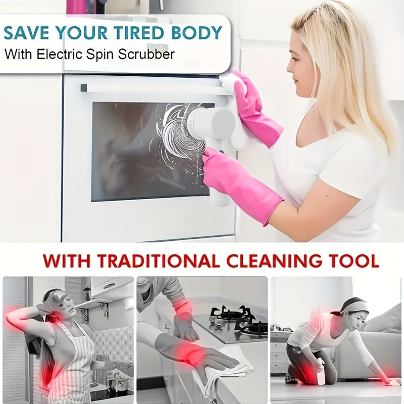 Rechargeable Electric Cleaning Brush Set with 5 Heads - Versatile Multi-Functional Handheld Scrubber with USB Charging, Medium Firmness, for Bathroom, Kitchen, Bedroom, Living Room, Toilet - Home Cleaning Tool Kit with Grip Handle